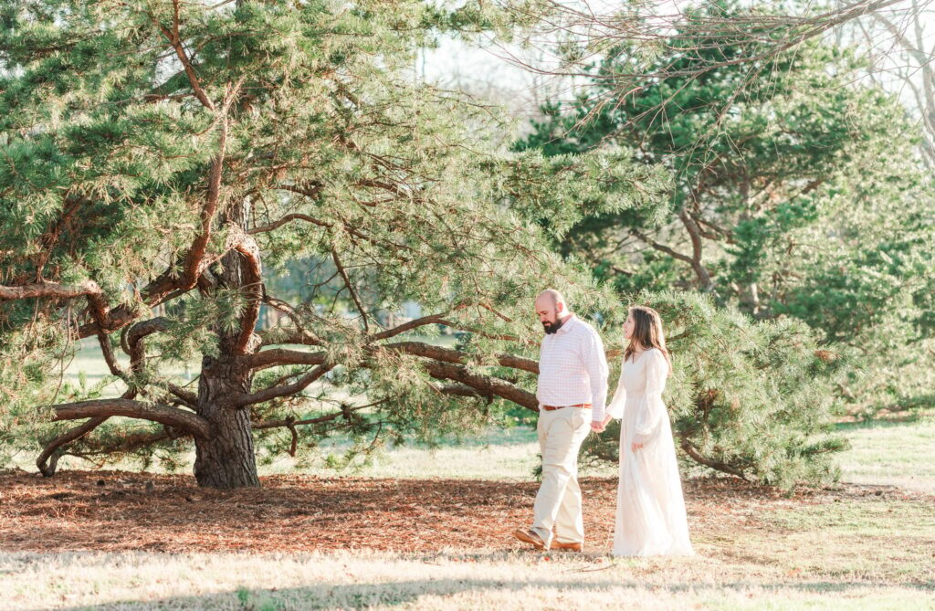 Engaged couple walking beside large green oak tree at Oaklands Mansion