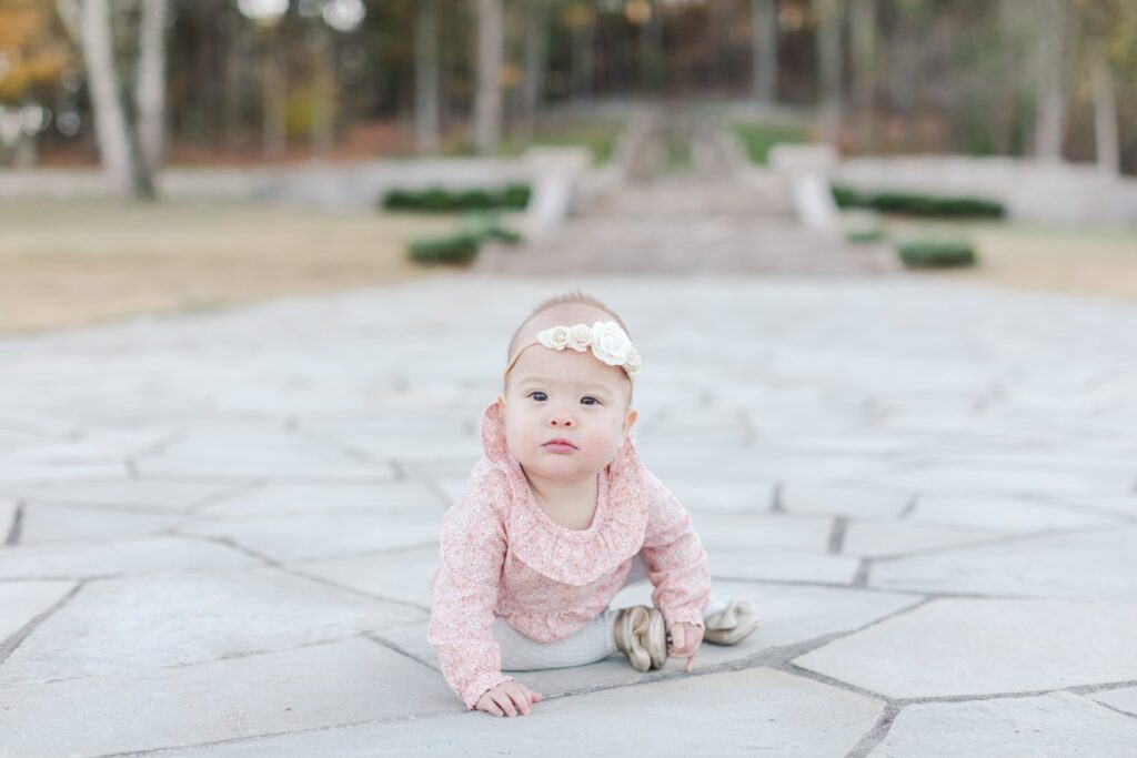 Toddler crawling at Percy Warner Steps in Nashville, TN