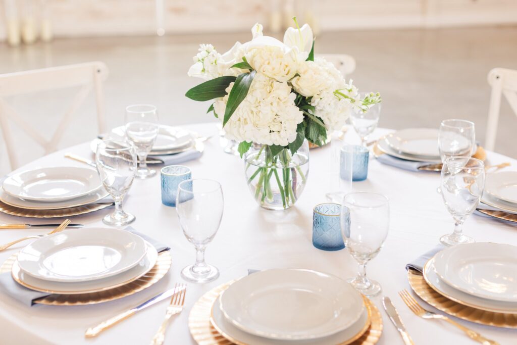 Reception details photographed by Jennifer Cooke Photography at the White Dove Barn