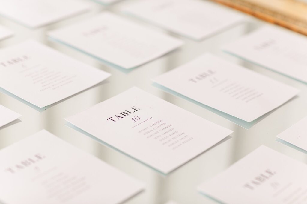 Name cards at a wedding photographed by Jennifer Cooke Photography at the White Dove Barn