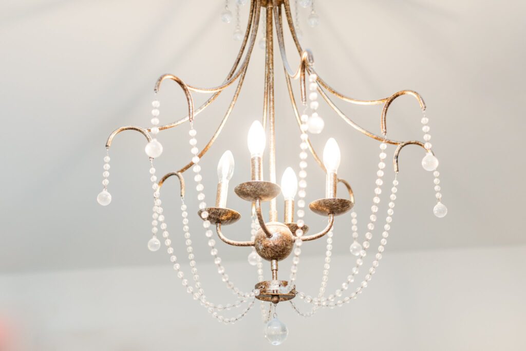 The gorgeous chandelier hanging inside the Bridal Suite at the Venue at Birchwood