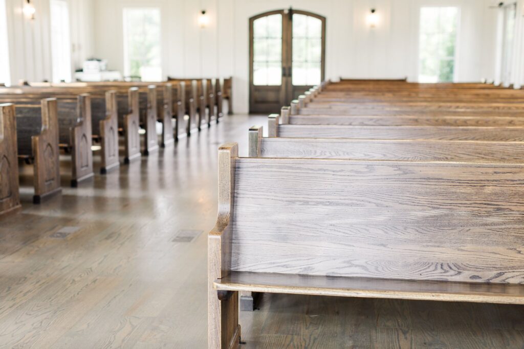 The Chapel pews inside at the Venue at Birchwood