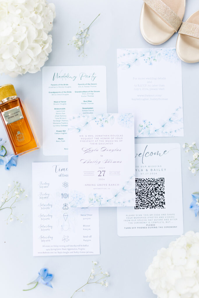 Southern blue wedding detail flat lay at Spring Grove Ranch Wedding