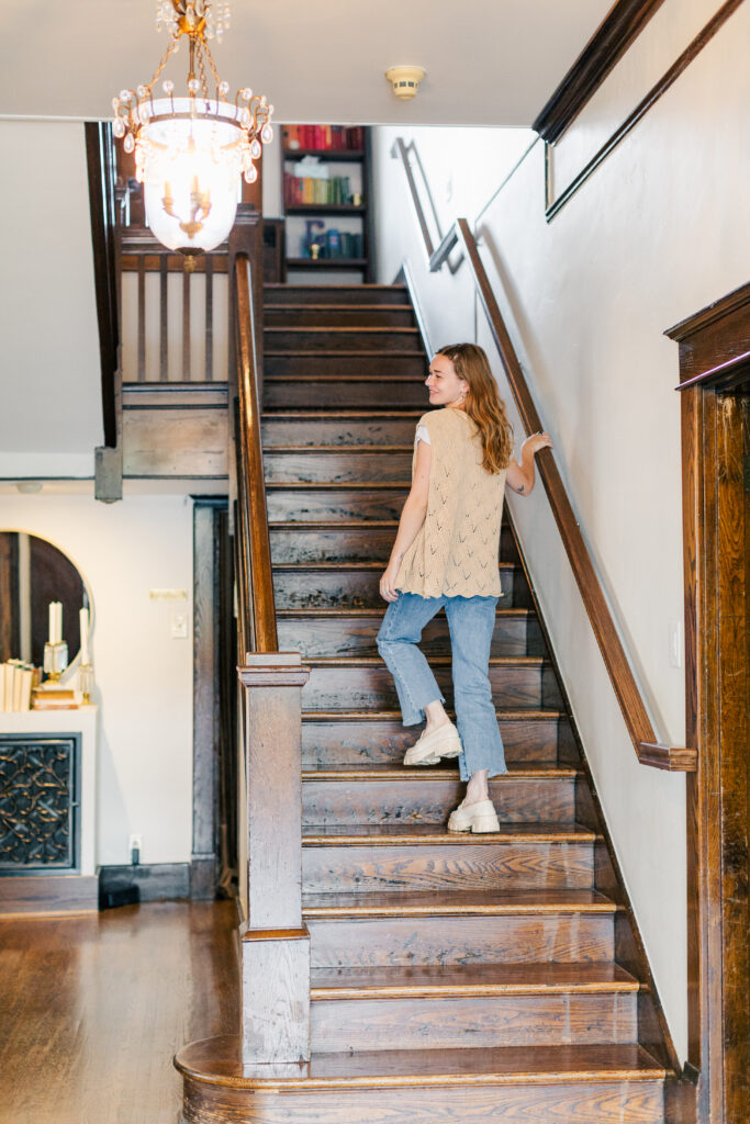 Emeline walking up the stairs at CJ's Off the Square wedding venue outside of Nashville, TN! 