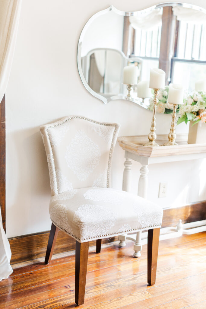 Beautiful, white chair in bridal suite at CJ's Off the Square